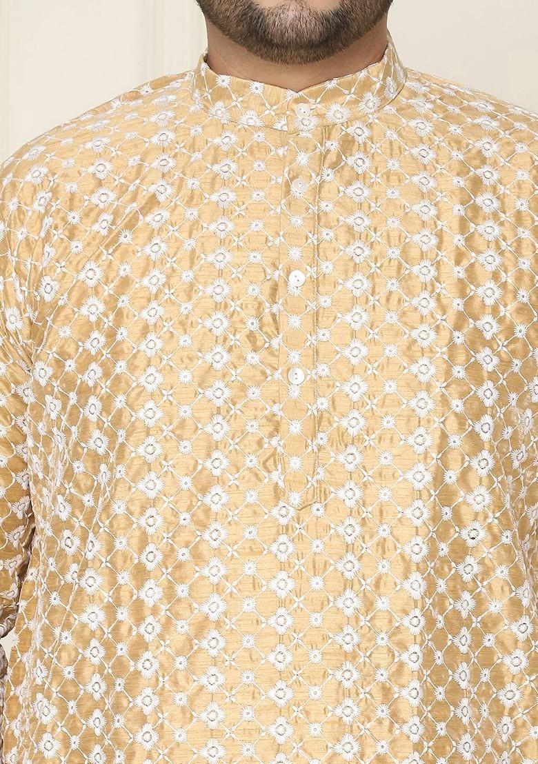 Gold Thread Work Cotton Kurta Set For Men