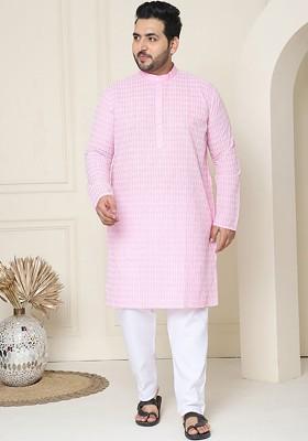 Pink Thread Work Cotton Kurta Set For Men