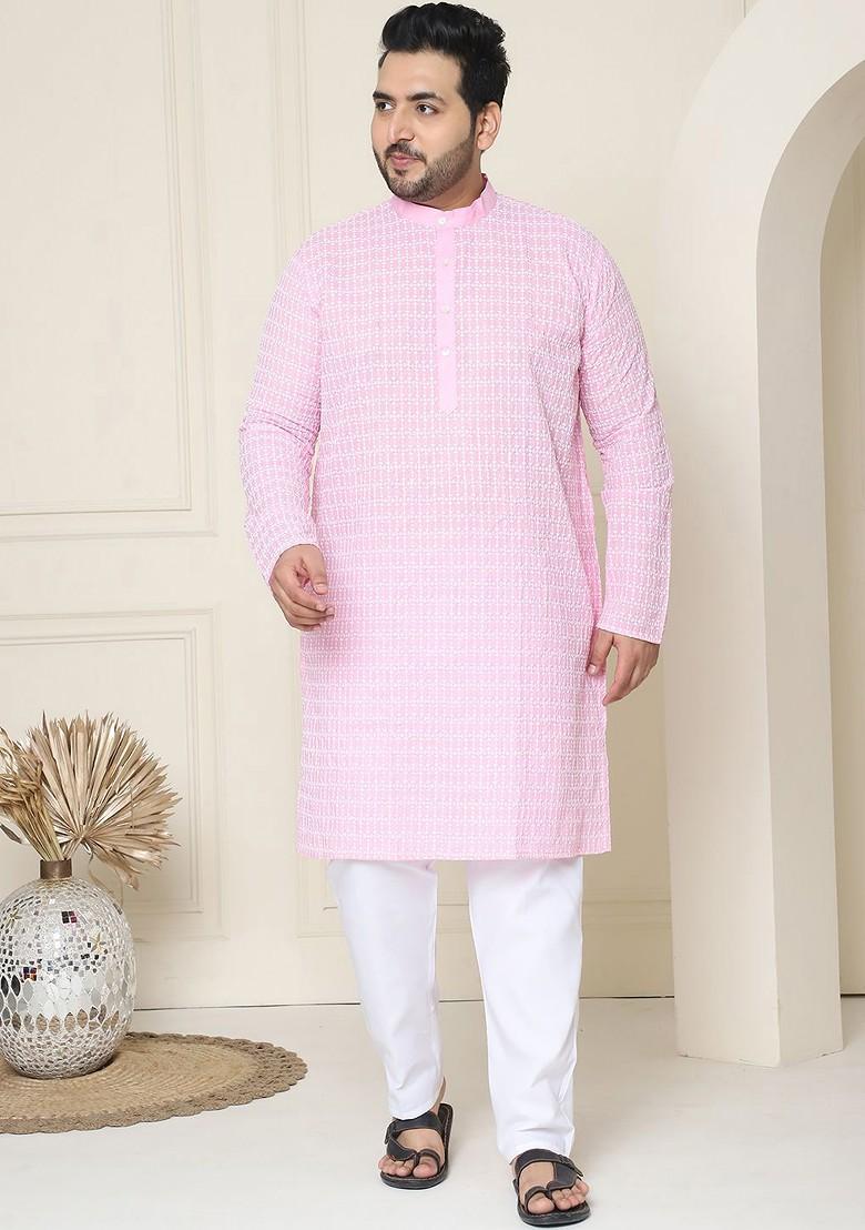 Pink Thread Work Cotton Kurta Set For Men