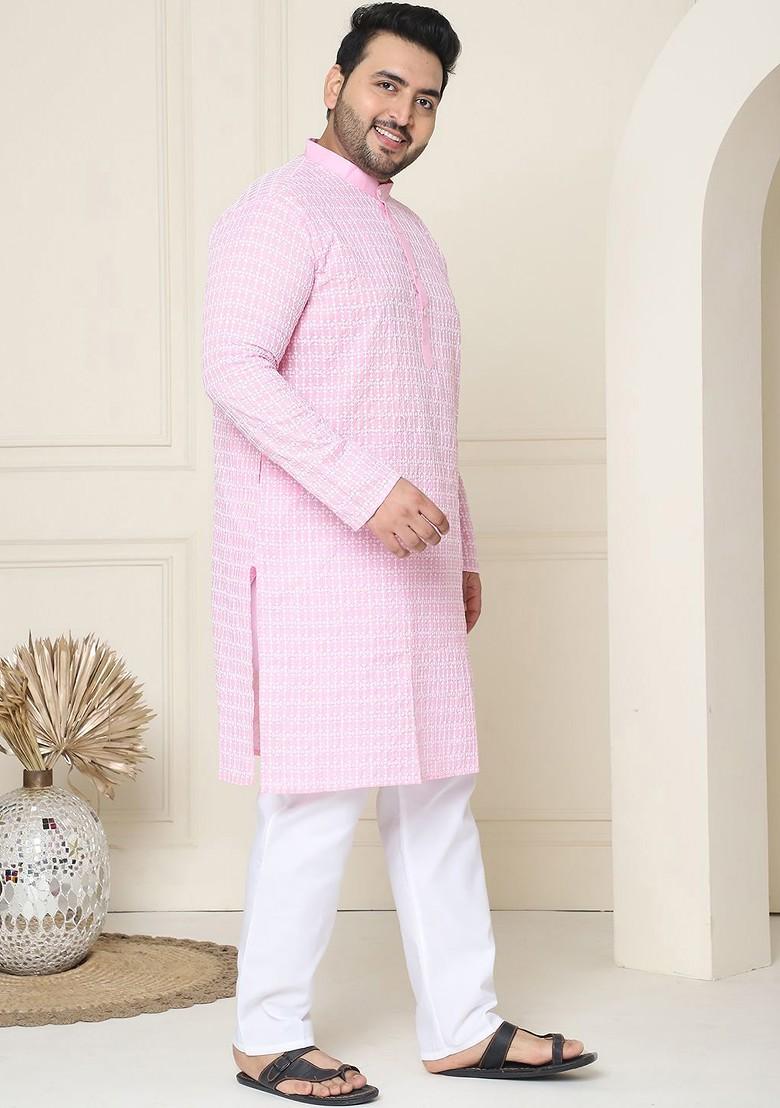 Pink Thread Work Cotton Kurta Set For Men