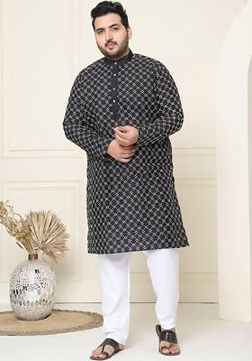 Black Thread Work Cotton Kurta Set For Men