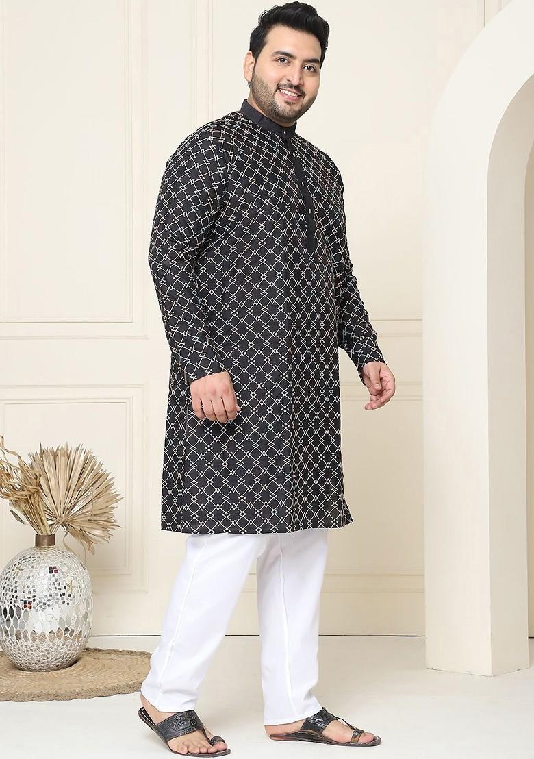 Black Thread Work Cotton Kurta Set For Men