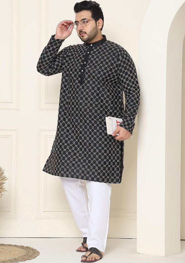 Black Thread Work Cotton Kurta Set For Men