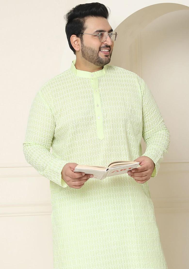 Green Thread Work Cotton Kurta Set For Men