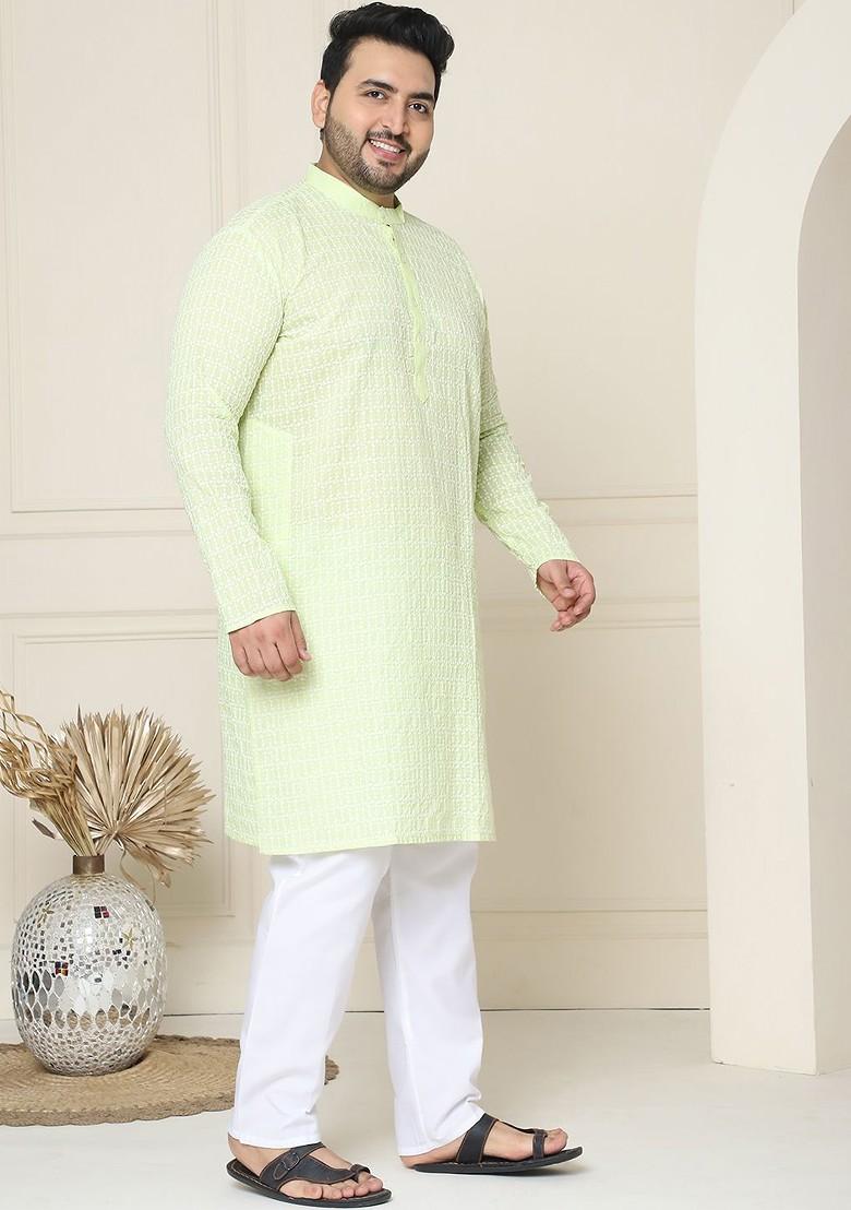 Green Thread Work Cotton Kurta Set For Men