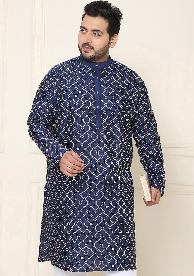 Navy Blue Thread Work Cotton Kurta Set For Men