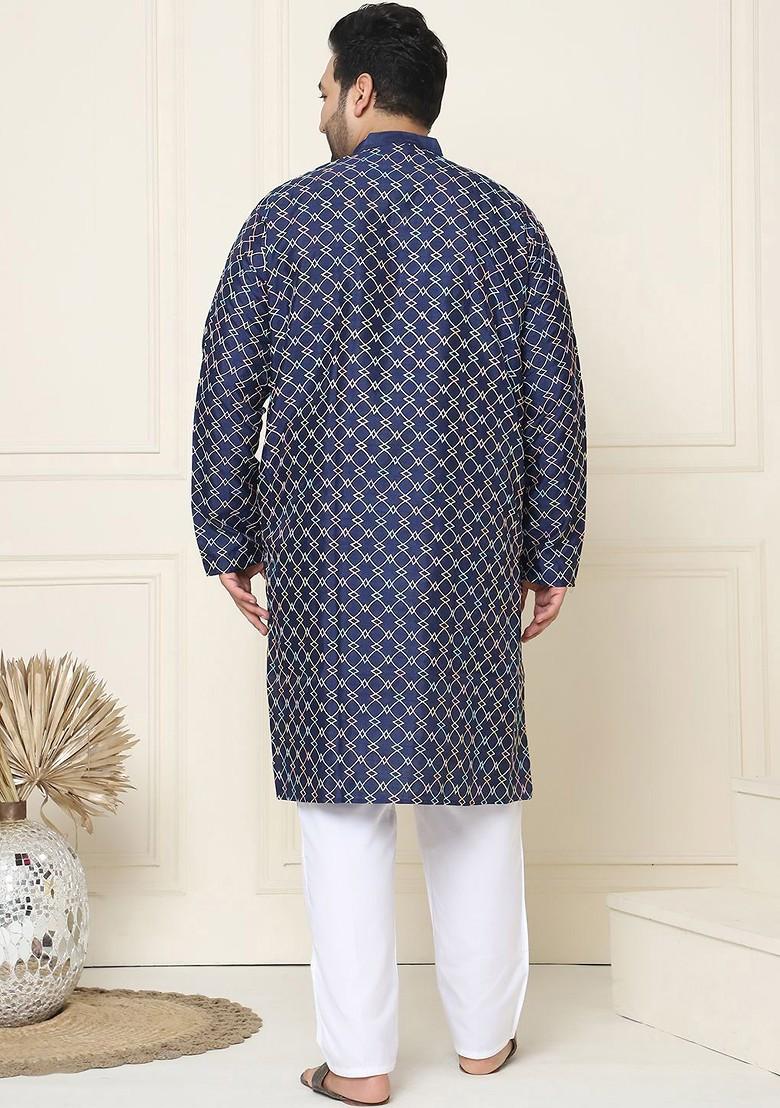 Navy Blue Thread Work Cotton Kurta Set For Men