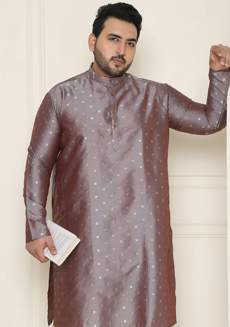 Grey Ethnic Motifs Poly Blend Kurta Set For Men