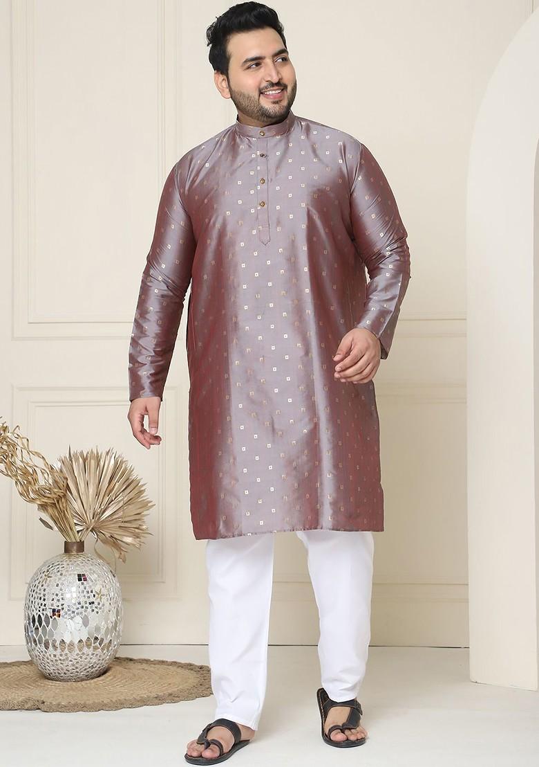 Grey Ethnic Motifs Poly Blend Kurta Set For Men