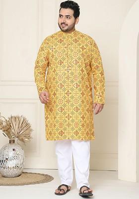 Yellow Ethnic Motifs Cotton Kurta Set For Men