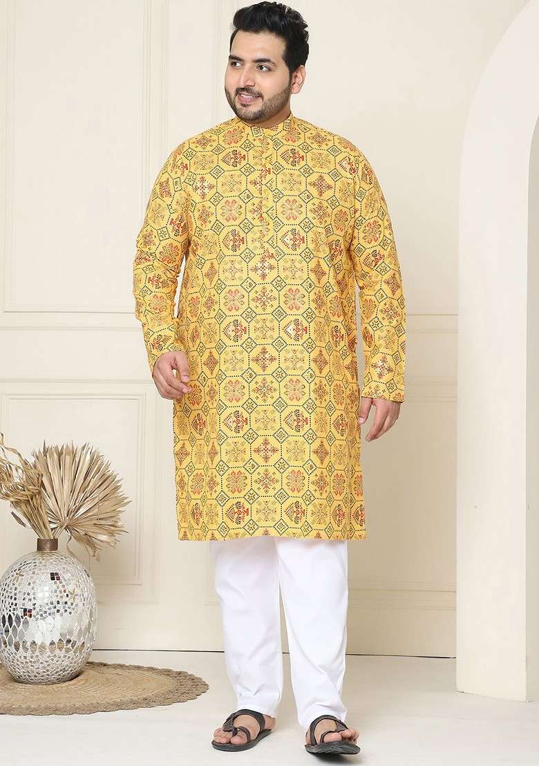 Yellow Ethnic Motifs Cotton Kurta Set For Men - Indya