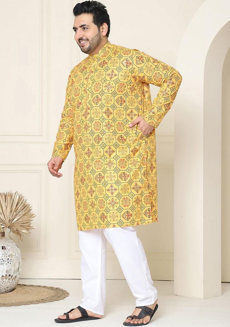 Yellow Ethnic Motifs Cotton Kurta Set For Men