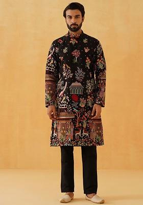 Black Thread Work Cotton Kurta Set For Men