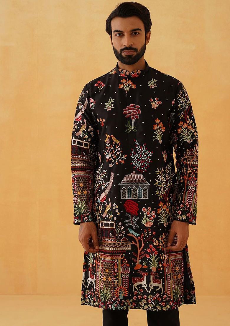Black Thread Work Cotton Kurta Set For Men