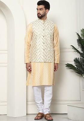 Mustard Printed Cotton Kurta Set For Men