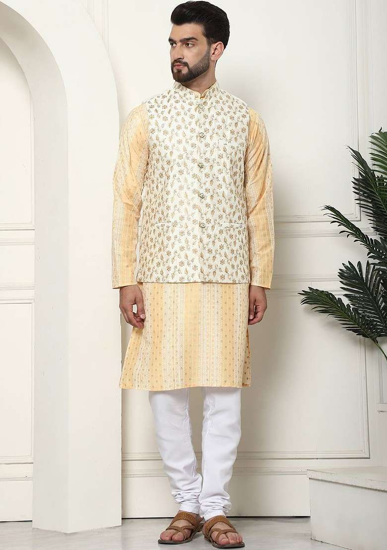 Mustard Printed Cotton Kurta Set For Men - Indya