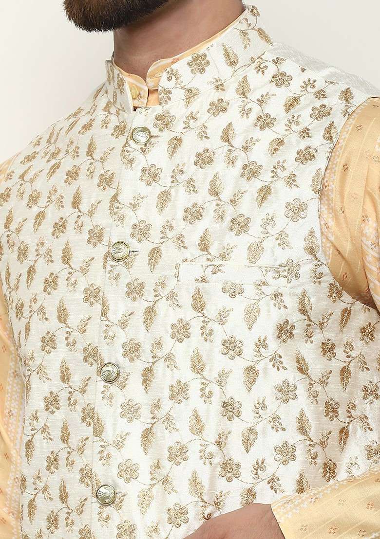 Mustard Printed Cotton Kurta Set For Men - Indya