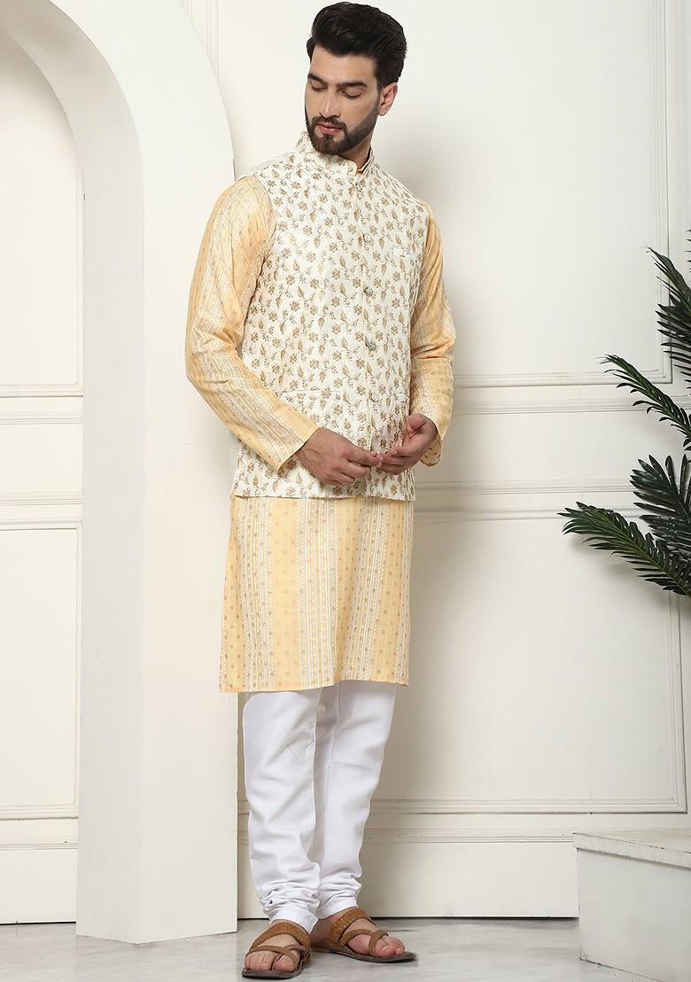 Mustard Printed Cotton Kurta Set For Men