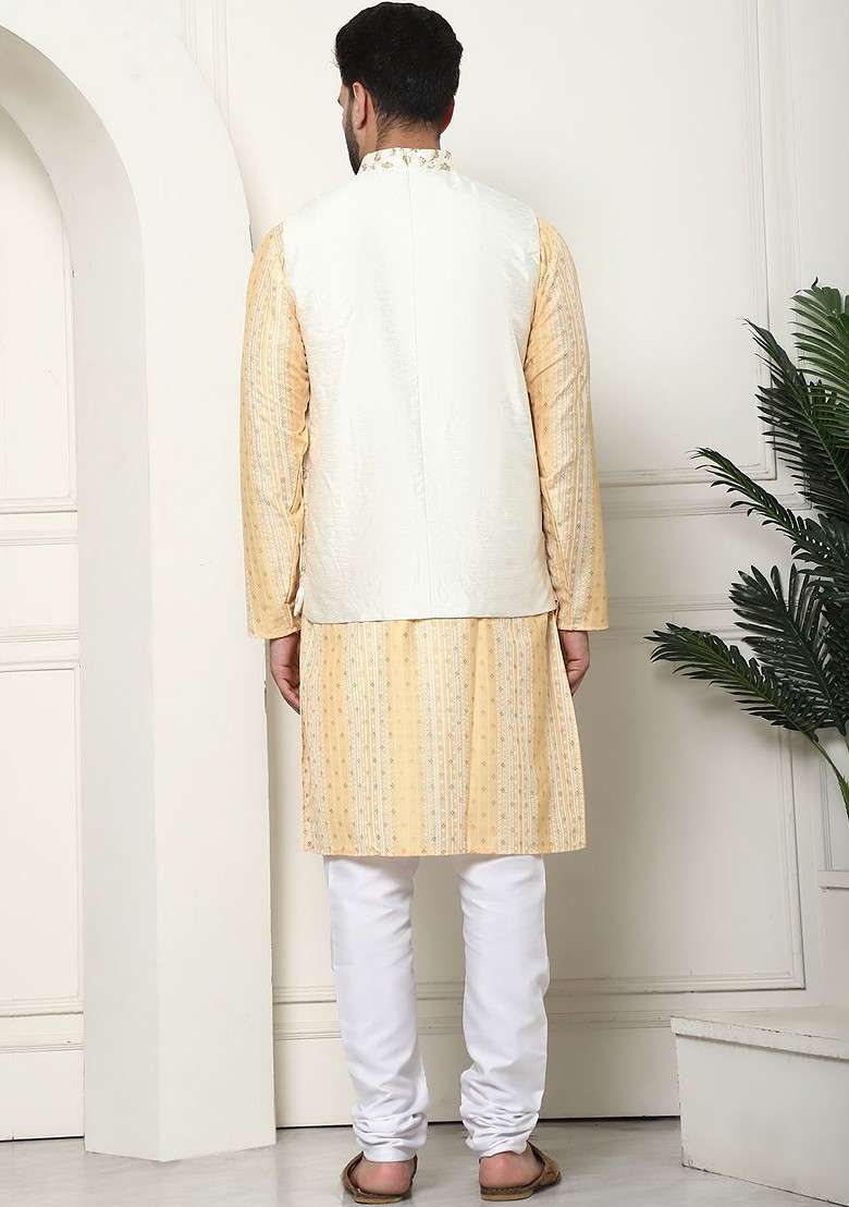 Mustard Printed Cotton Kurta Set For Men - Indya