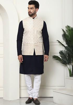 Navy Blue Thread Work Cotton Kurta Set For Men