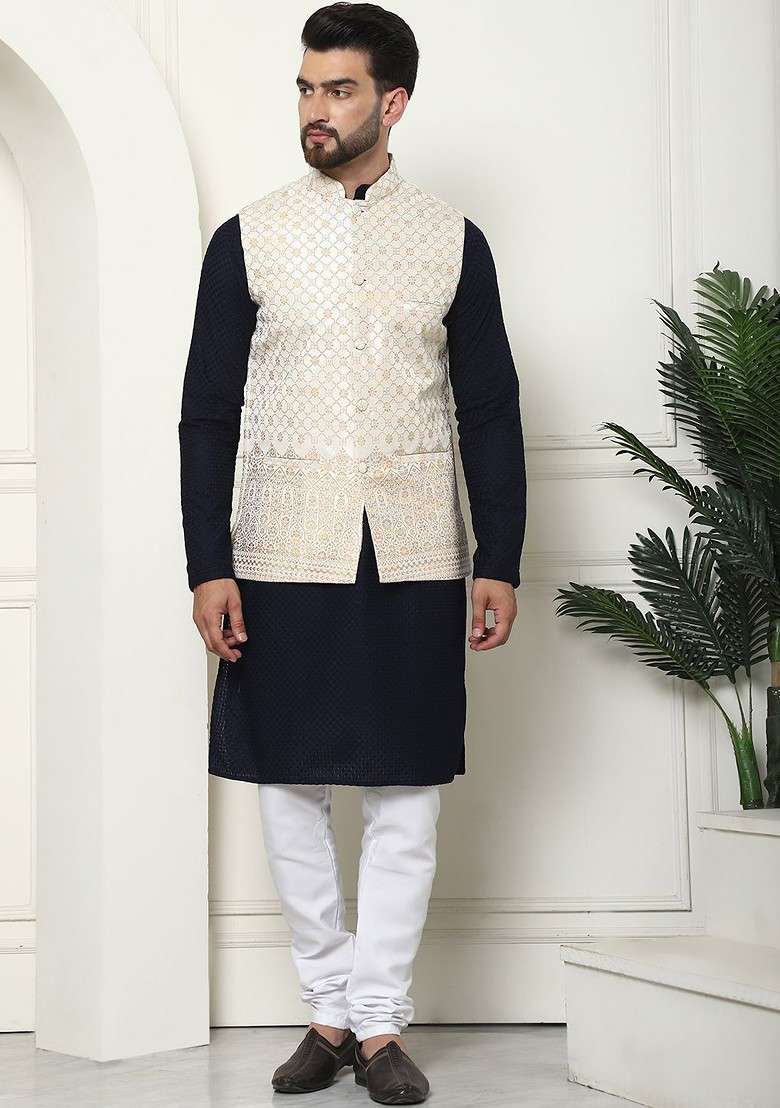 Navy Blue Thread Work Cotton Kurta Set For Men - Indya
