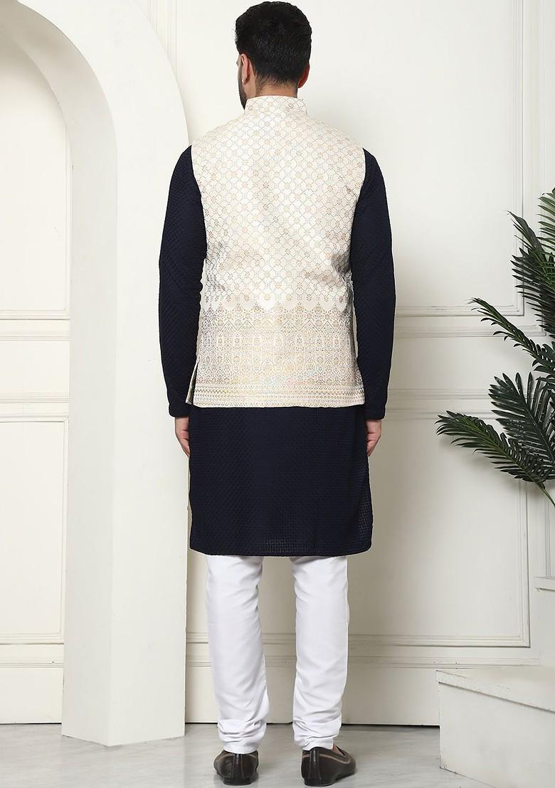 Navy Blue Thread Work Cotton Kurta Set For Men