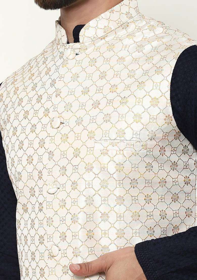 Navy Blue Thread Work Cotton Kurta Set For Men - Indya