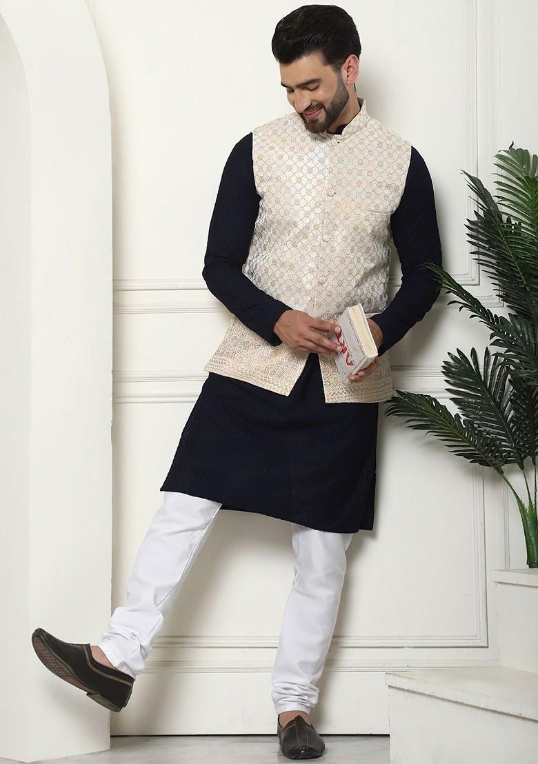 Navy Blue Thread Work Cotton Kurta Set For Men