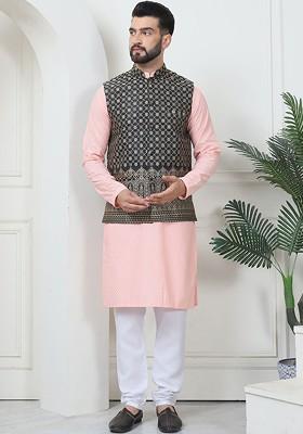 Peach Thread Work Cotton Kurta Set For Men
