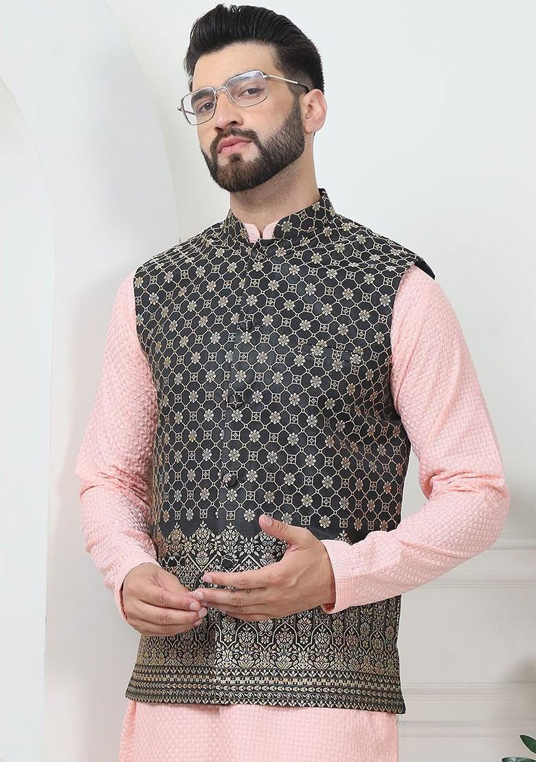 Peach Thread Work Cotton Kurta Set For Men