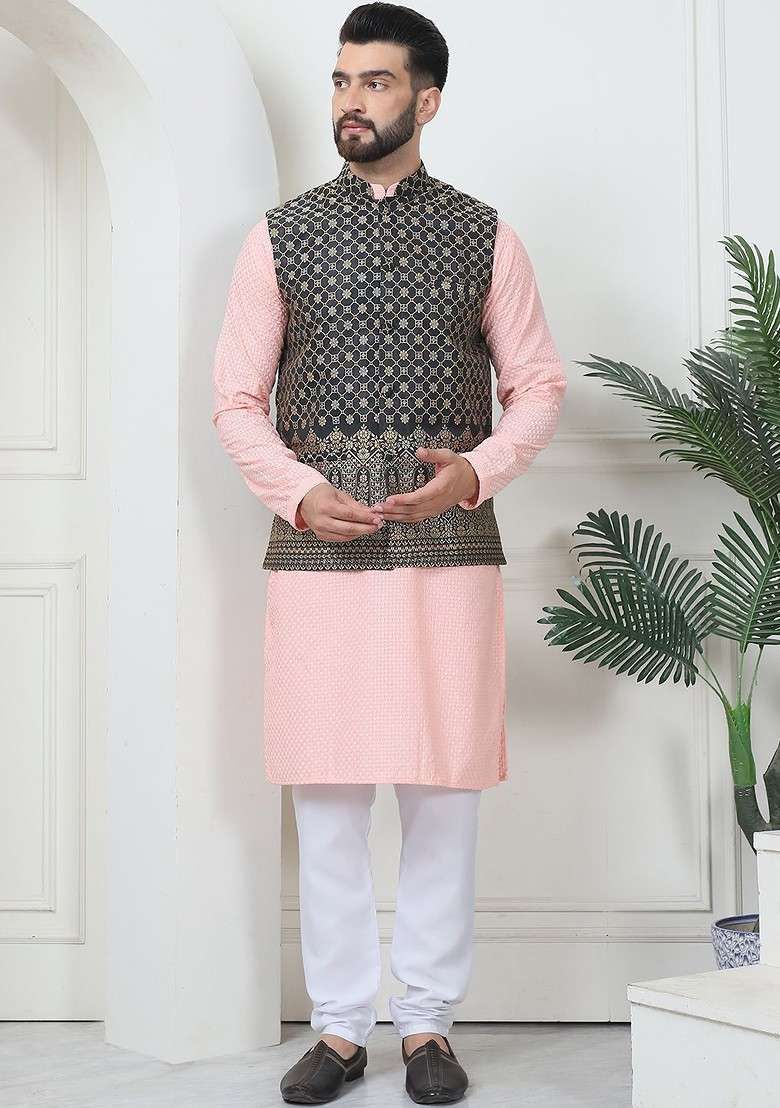 Peach Thread Work Cotton Kurta Set For Men - Indya