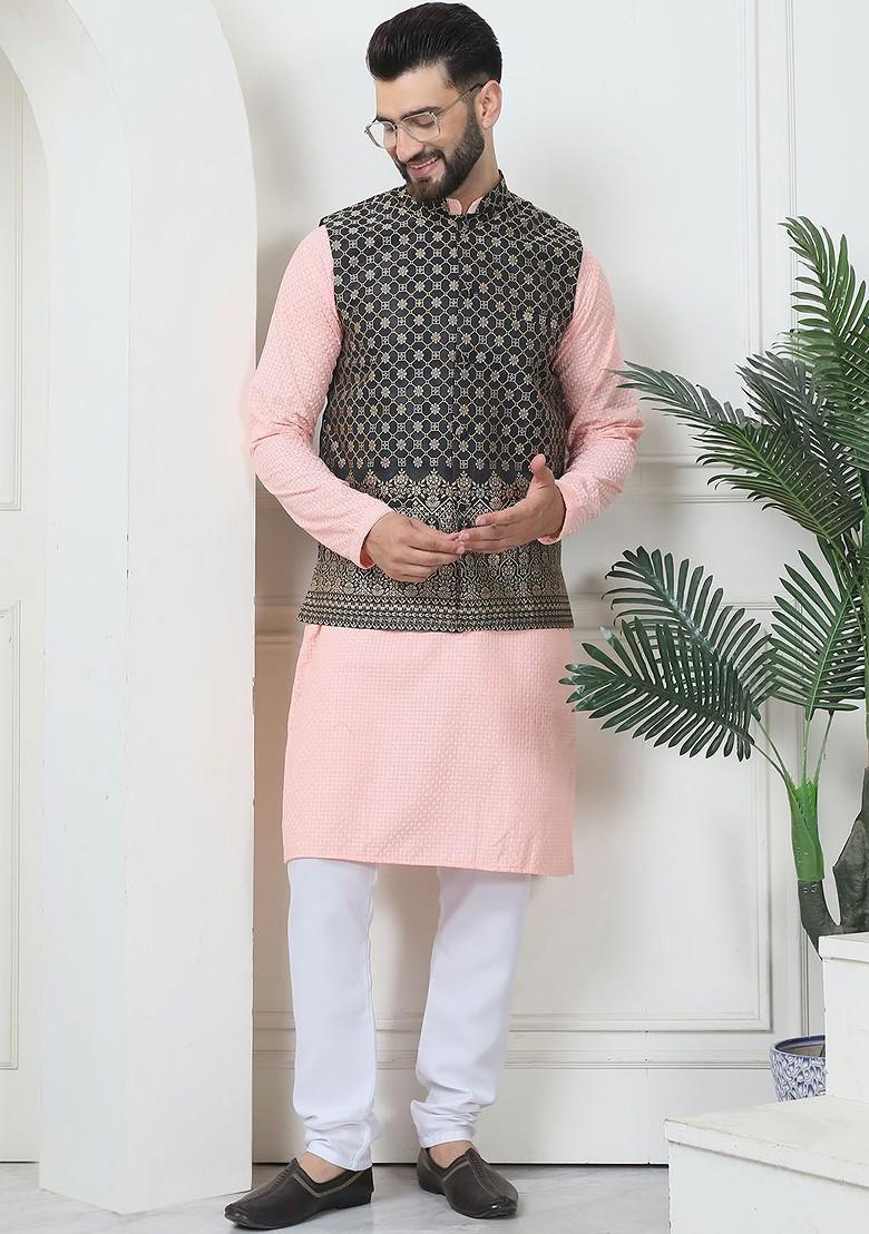 Peach Thread Work Cotton Kurta Set For Men
