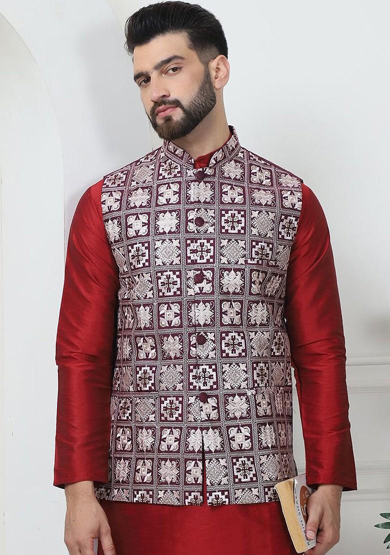Maroon Solid Poly Blend Kurta Set For Men