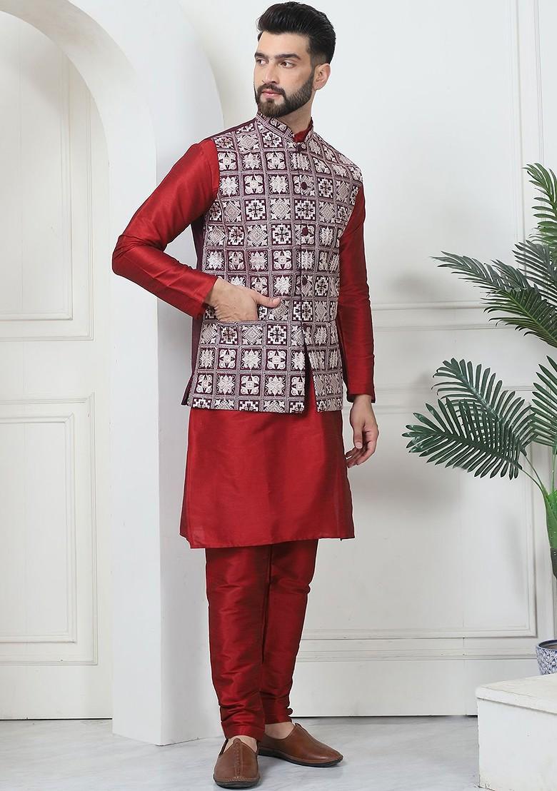 Maroon Solid Poly Blend Kurta Set For Men