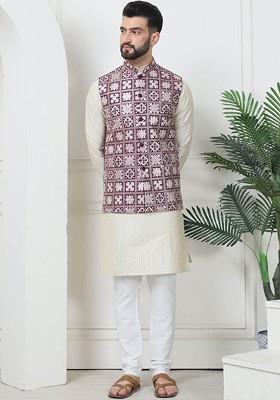 Cream Thread Work Poly Blend Kurta Set For Men