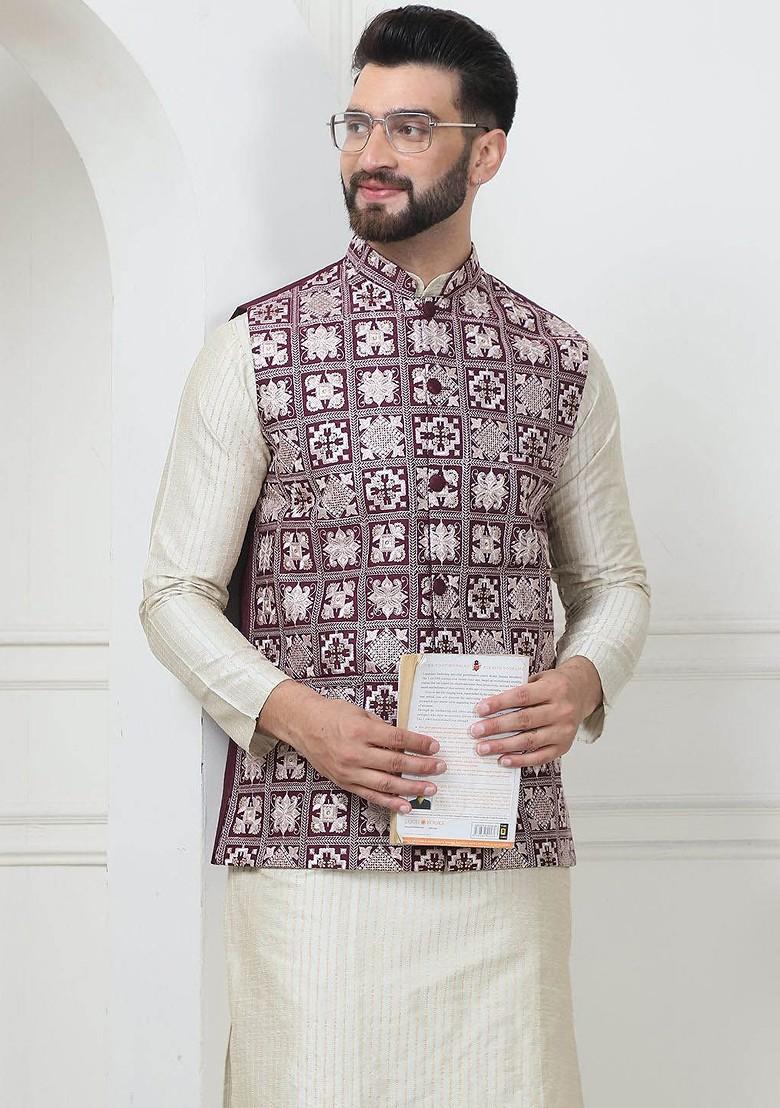 Cream Thread Work Poly Blend Kurta Set For Men