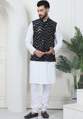 White Ethnic Motifs Cotton Kurta Set For Men