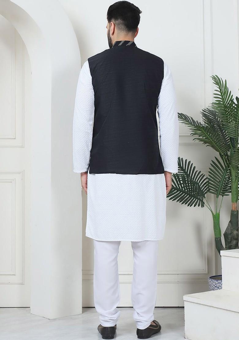 White Ethnic Motifs Cotton Kurta Set For Men