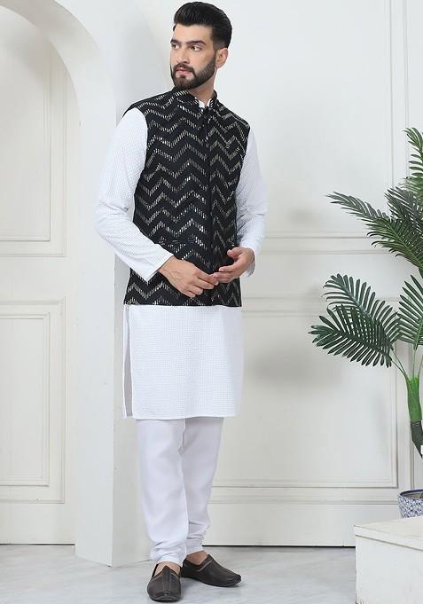 White Ethnic Motifs Cotton Kurta Set For Men