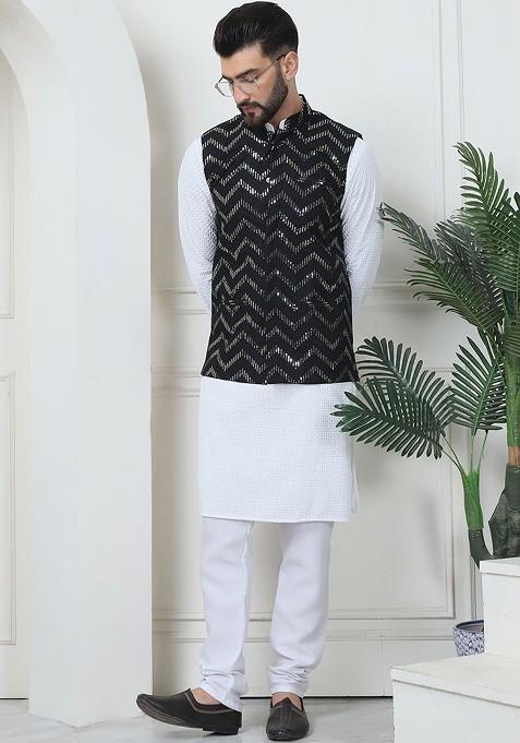 White Ethnic Motifs Cotton Kurta Set For Men