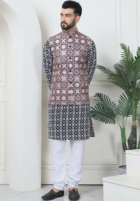 Black Thread Work Cotton Kurta Set For Men
