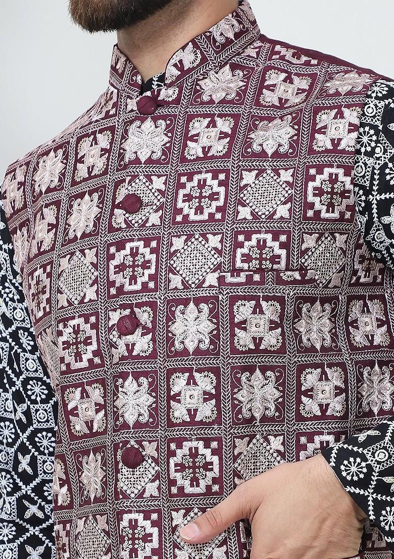 Black Thread Work Cotton Kurta Set For Men