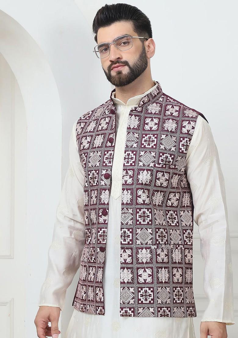 Cream Embroidered Poly Blend Kurta Set For Men