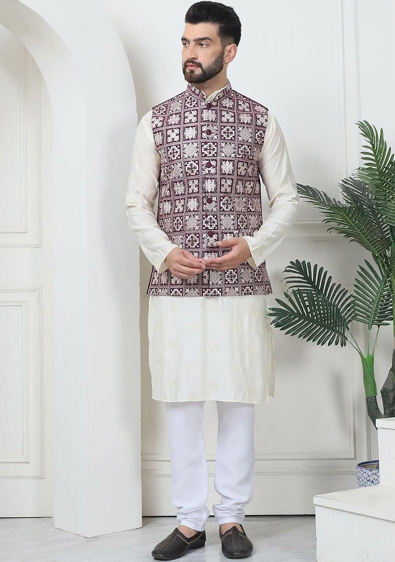 Cream Embroidered Poly Blend Kurta Set For Men