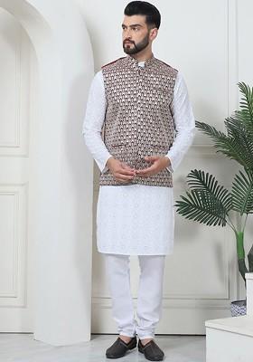 White Thread Work Cotton Kurta Set For Men