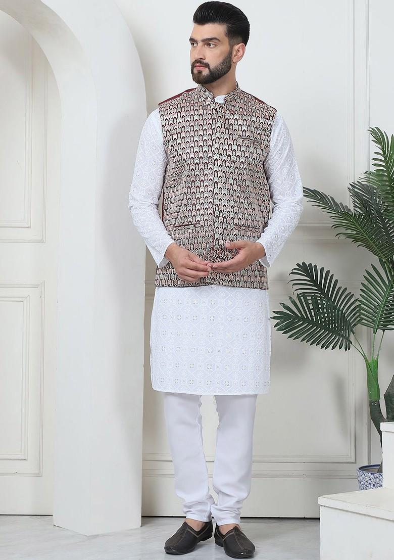 White Thread Work Cotton Kurta Set For Men