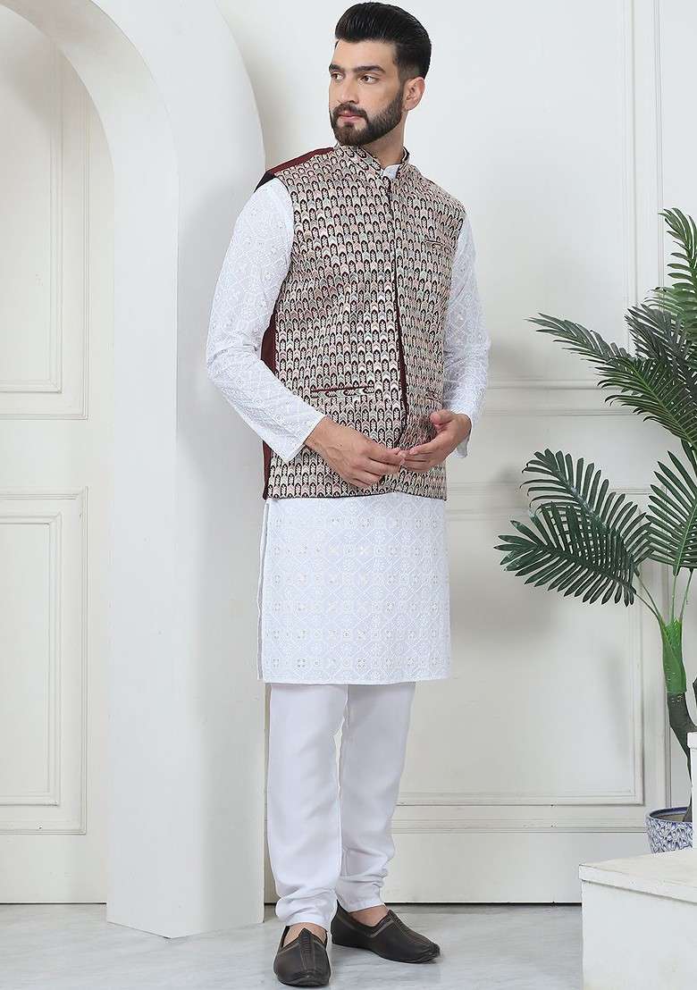 White Thread Work Cotton Kurta Set For Men - Indya