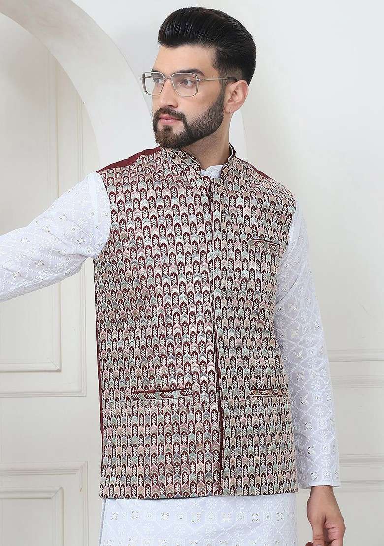 White Thread Work Cotton Kurta Set For Men - Indya