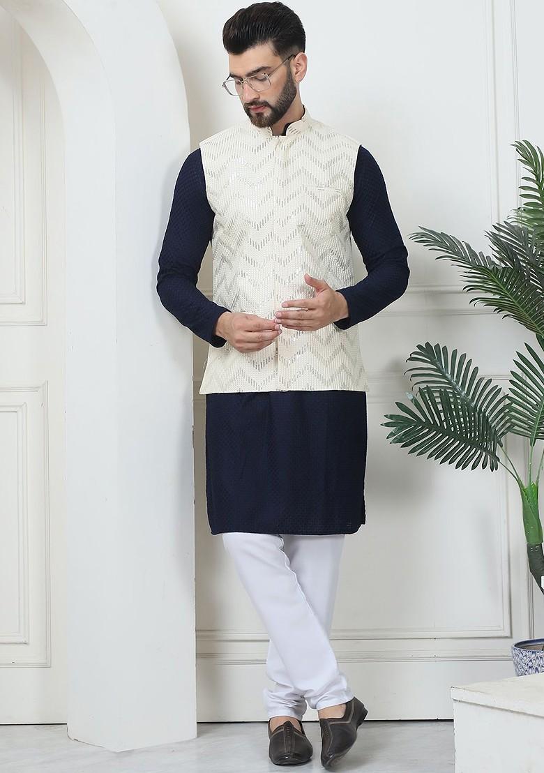 Navy Blue Embroidered Cotton Kurta Set For Men