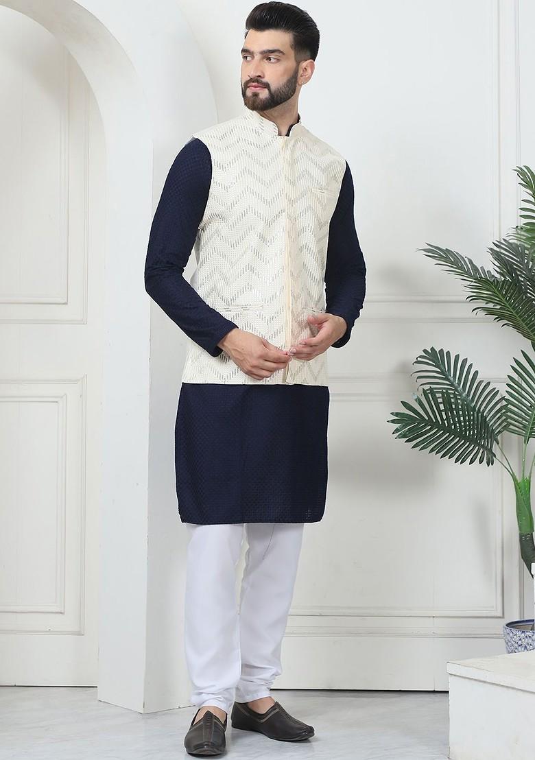Navy Blue Embroidered Cotton Kurta Set For Men
